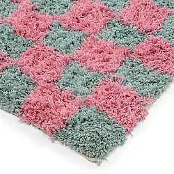 Hoogpolig vloerkleed - Methoni Check Cotton Shaggy (lichtblauw/lichtroze)