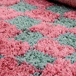Hoogpolig vloerkleed - Methoni Check Cotton Shaggy (lichtblauw/lichtroze)