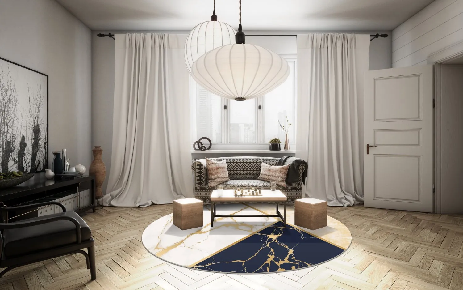 Rond vloerkleed - Canelli (beige/wit/blauw)