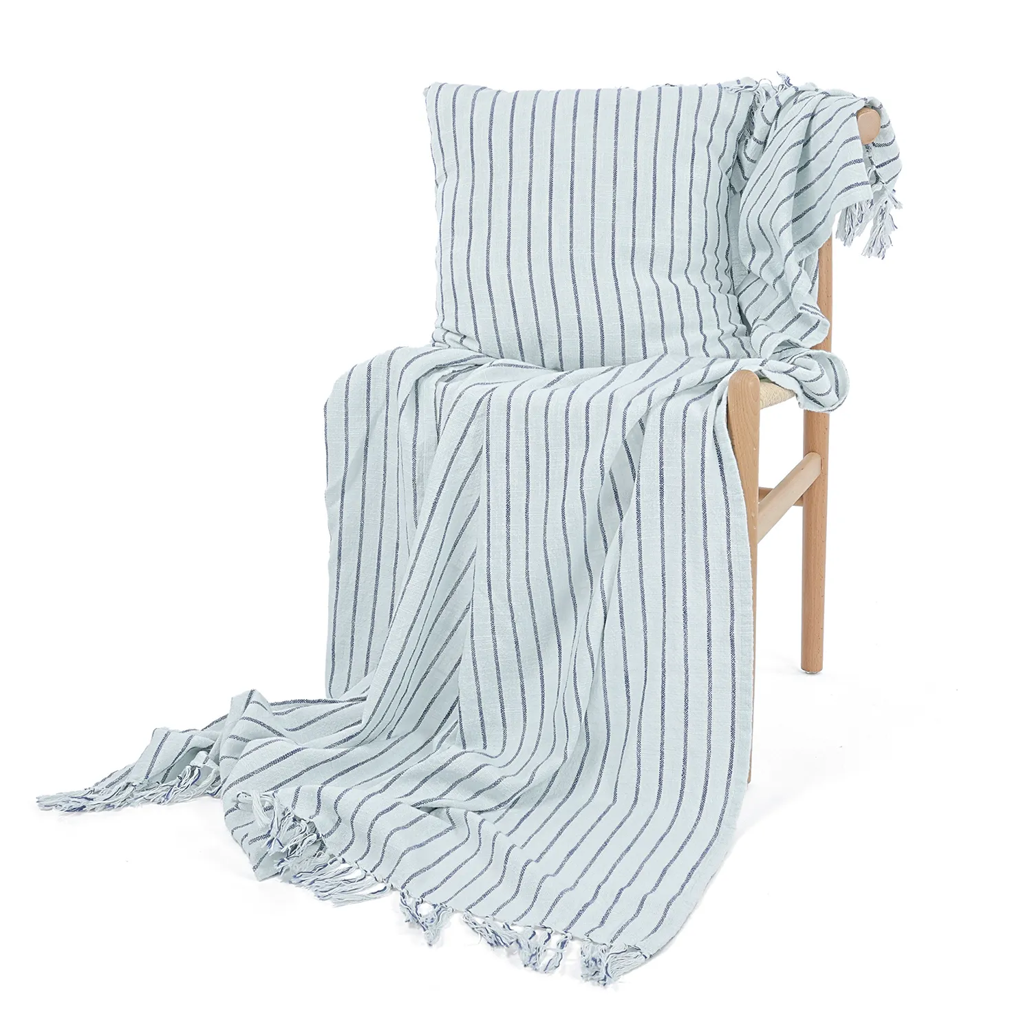 Dekens - Rumi stripe cotton throw (lichtblauw/marineblauw/crème)