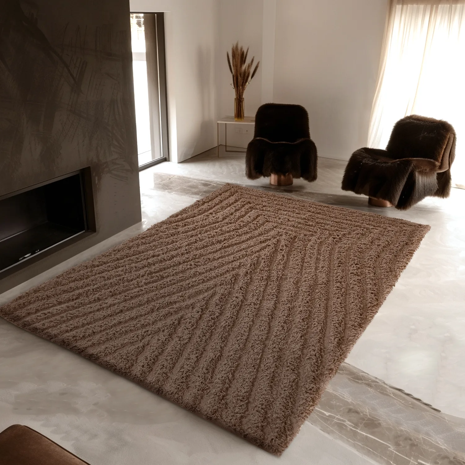 Hoogpolig vloerkleed - Kendra Natural Cotton Shaggy (bruin)