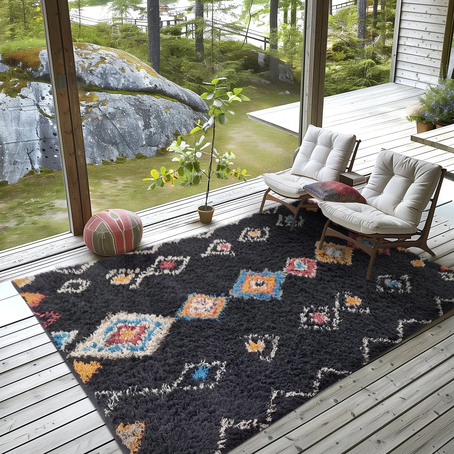 Hoogpolig vloerkleed - Marden Natural Cotton Shaggy (zwart/multi)