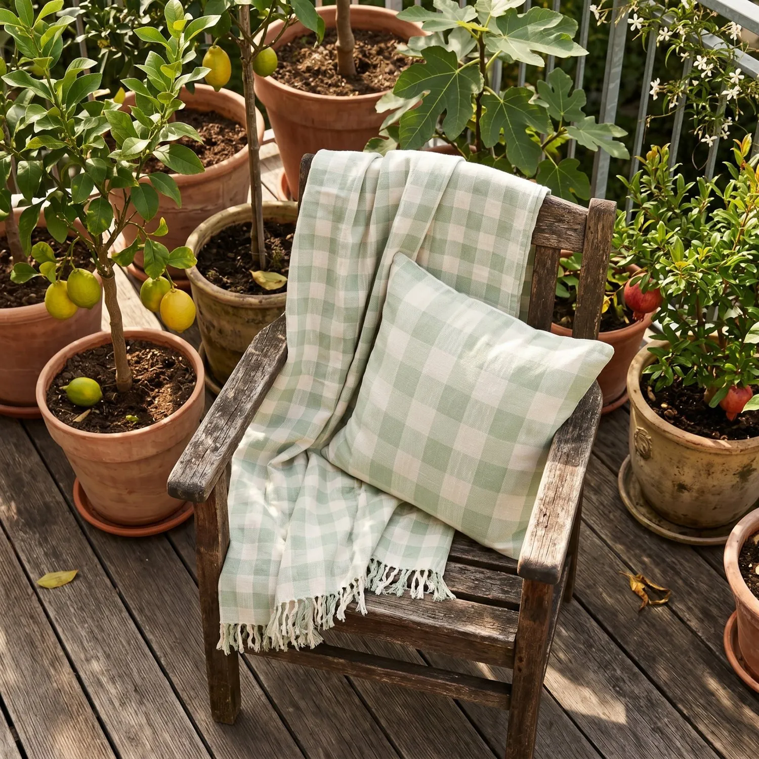 Kussensloop - Isela check cotton cushion cover (crème/lichtgroen)