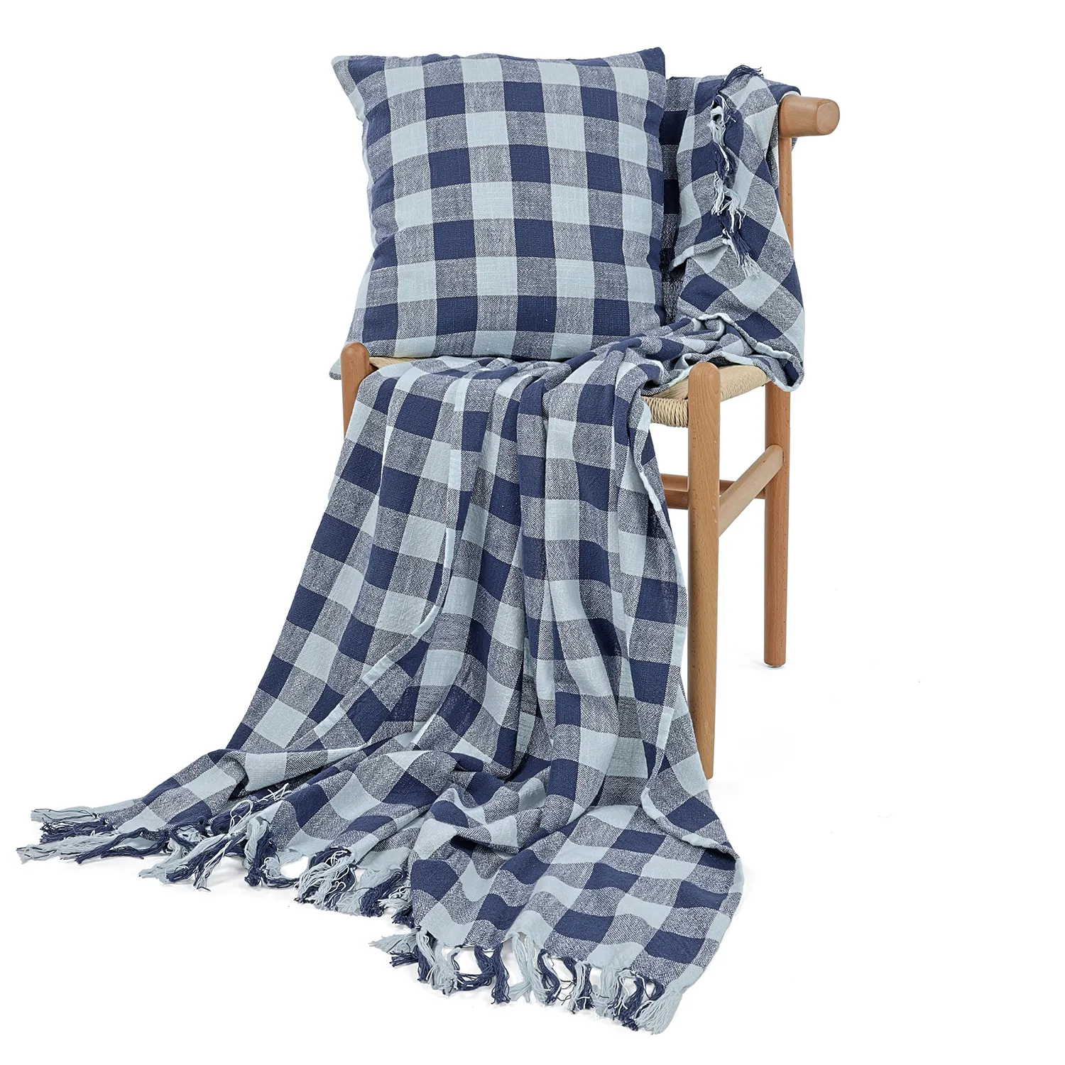 Kussensloop - Isela check cotton cushion cover (marineblauw/lichtblauw)