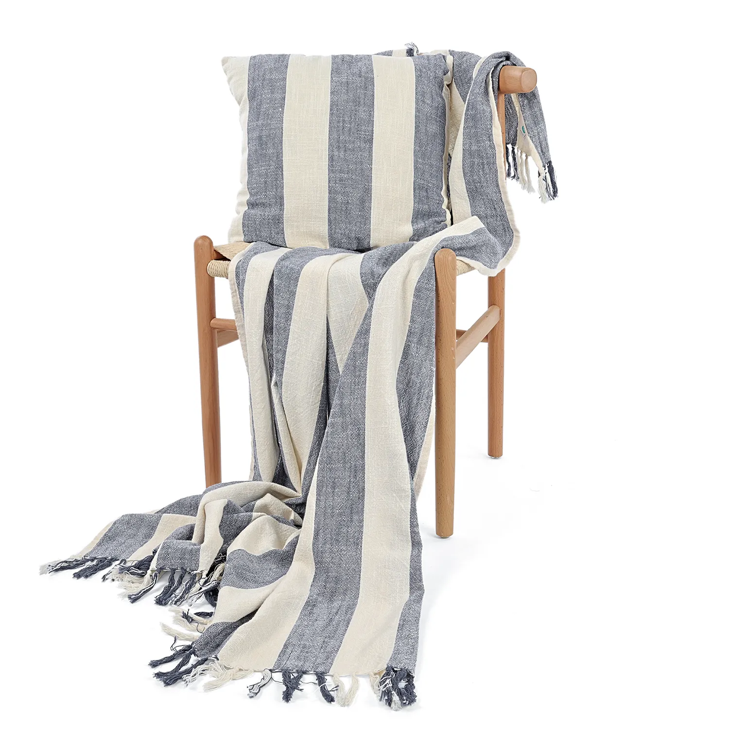 Kussensloop - Kora stripe cotton cushion cover (crème/marineblauw)