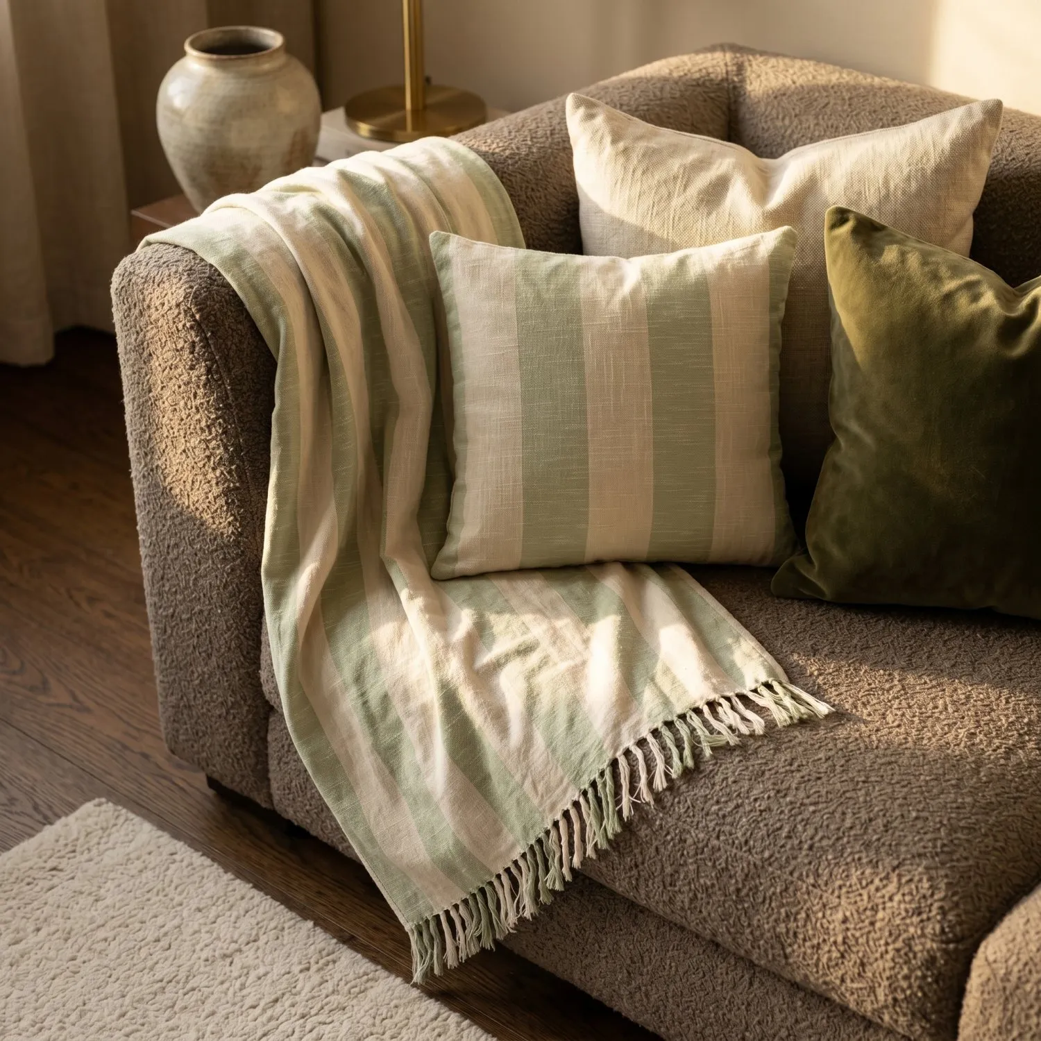 Dekens - Kora stripe cotton throw (crème/lichtgroen)