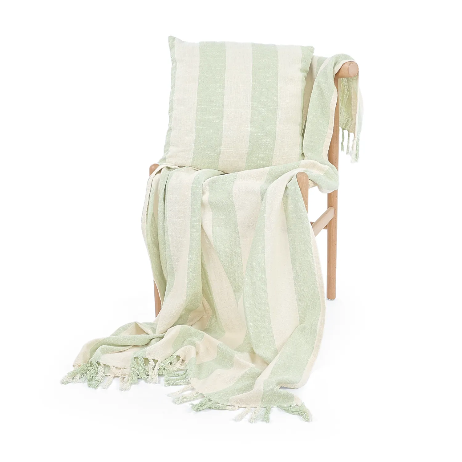 Dekens - Kora stripe cotton throw (crème/lichtgroen)