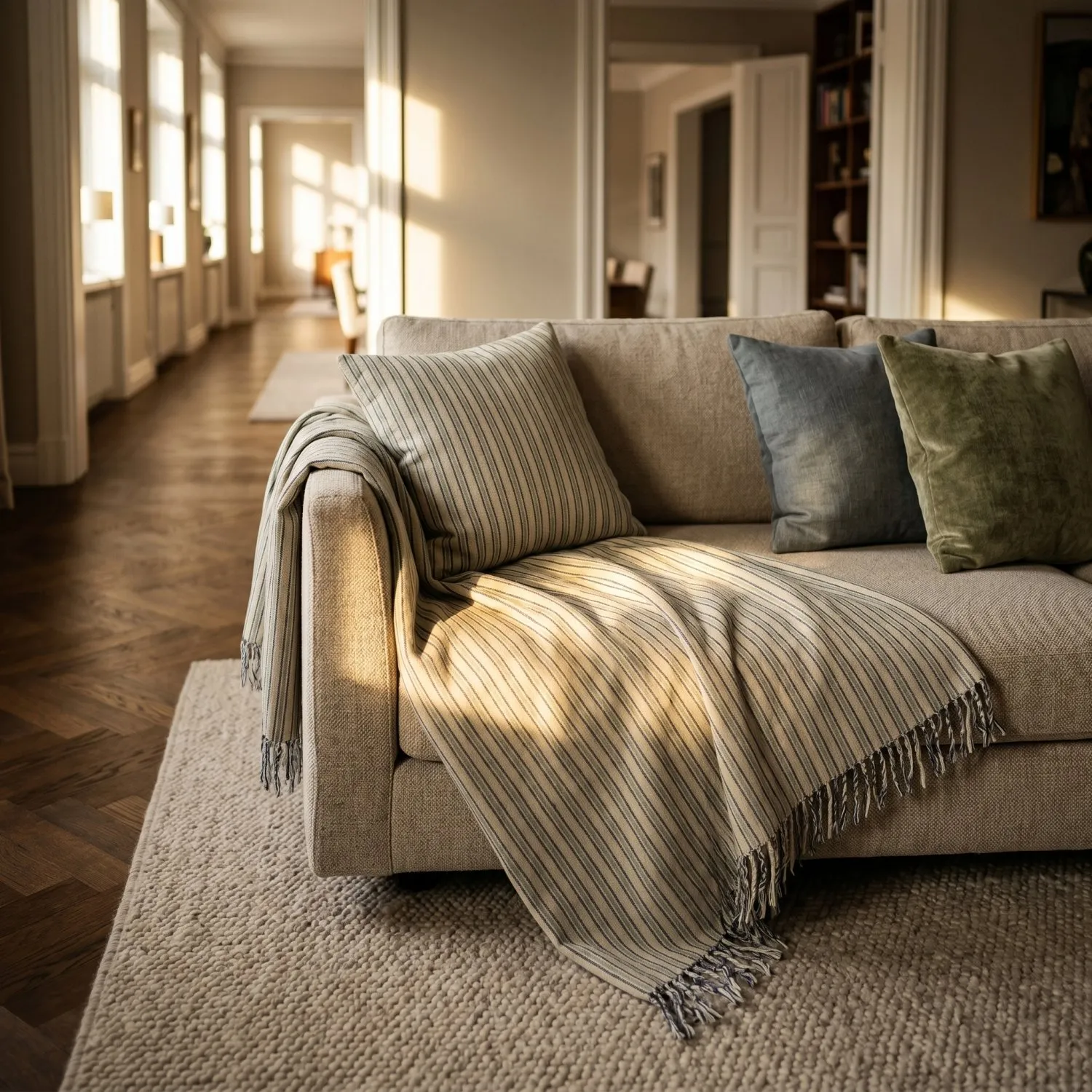 Kussensloop - Rumi stripe cotton cushion cover (crème/marineblauw/lichtgroen)