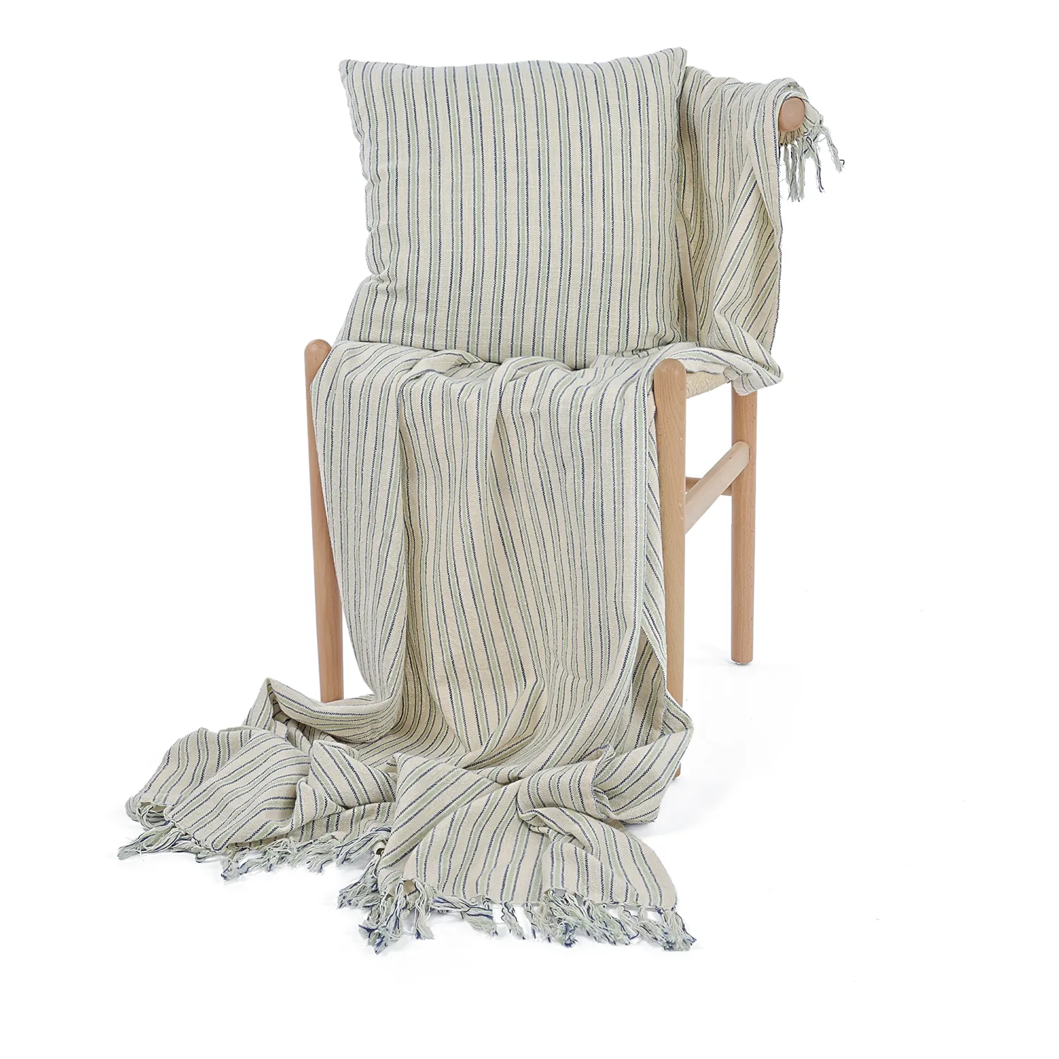 Kussensloop - Rumi stripe cotton cushion cover (crème/marineblauw/lichtgroen)