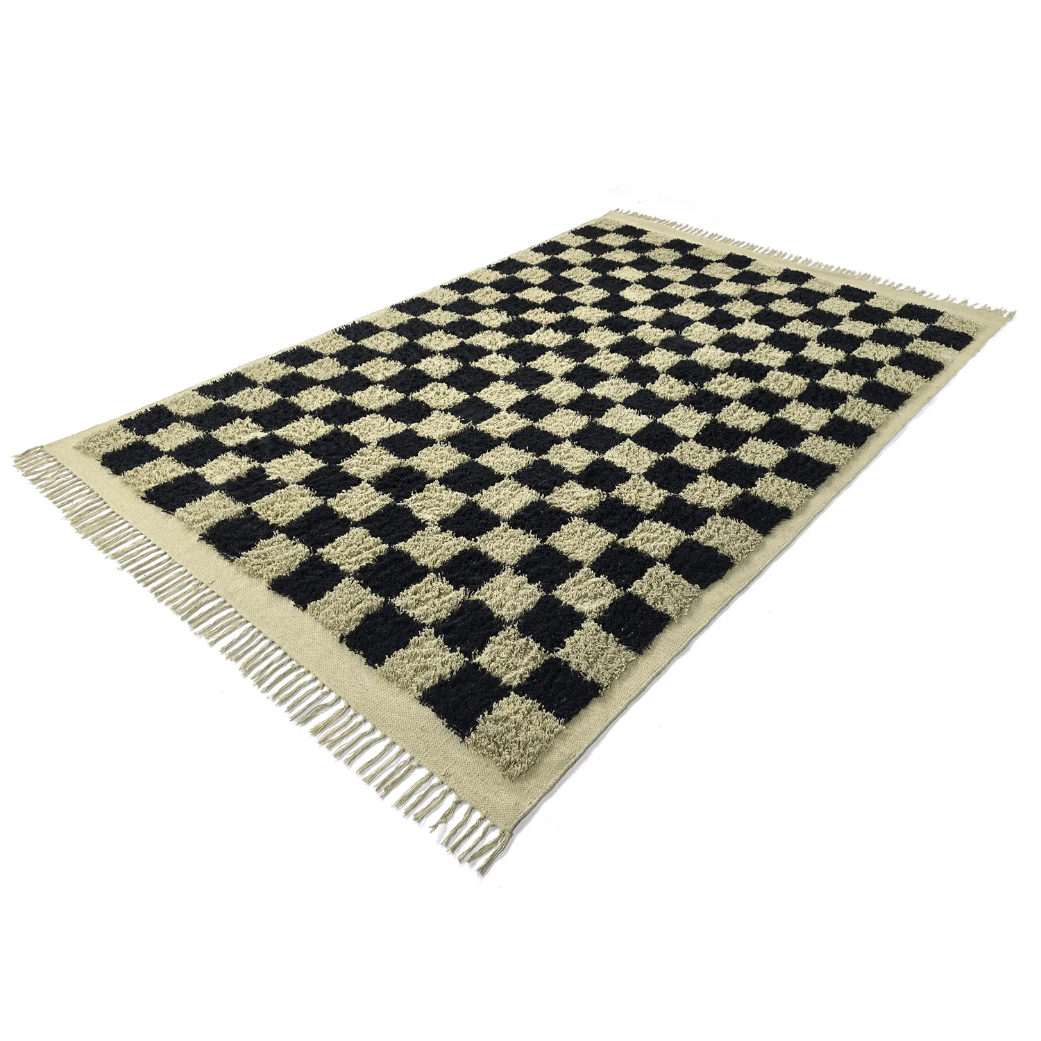 Hoogpolig vloerkleed - Elsey Natural Cotton Shaggy (zwart/beige)