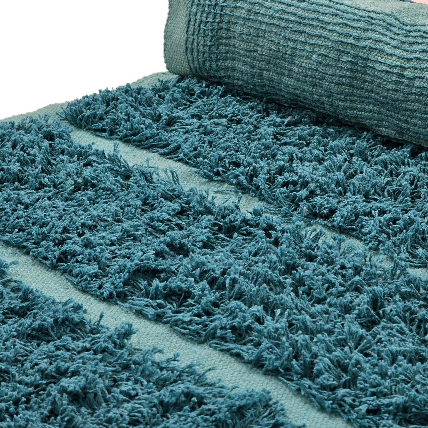Hoogpolig vloerkleed - Ikara Natural Cotton Shaggy (turkoois)