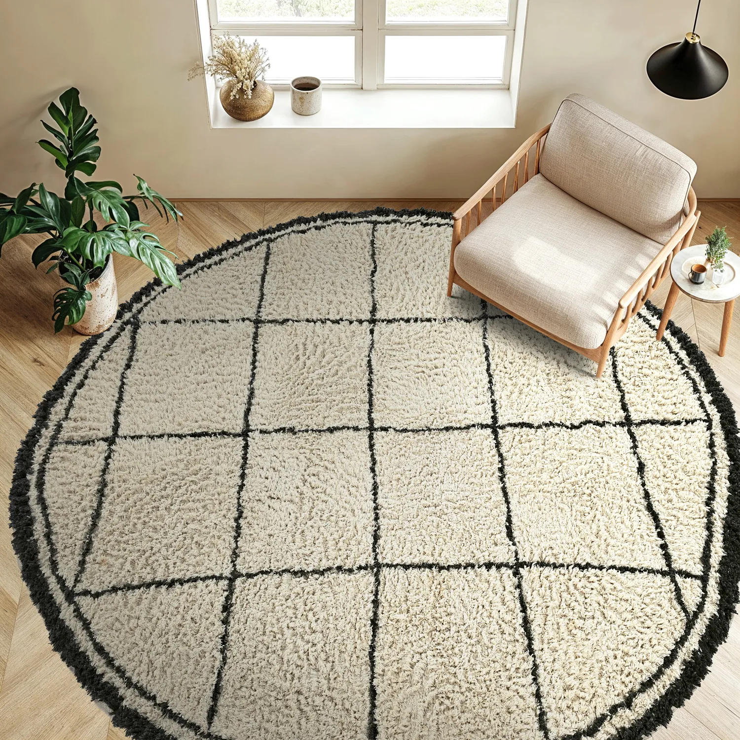 Rond vloerkleed - Lana Natural Cotton Shaggy (crème/donkergrijs)