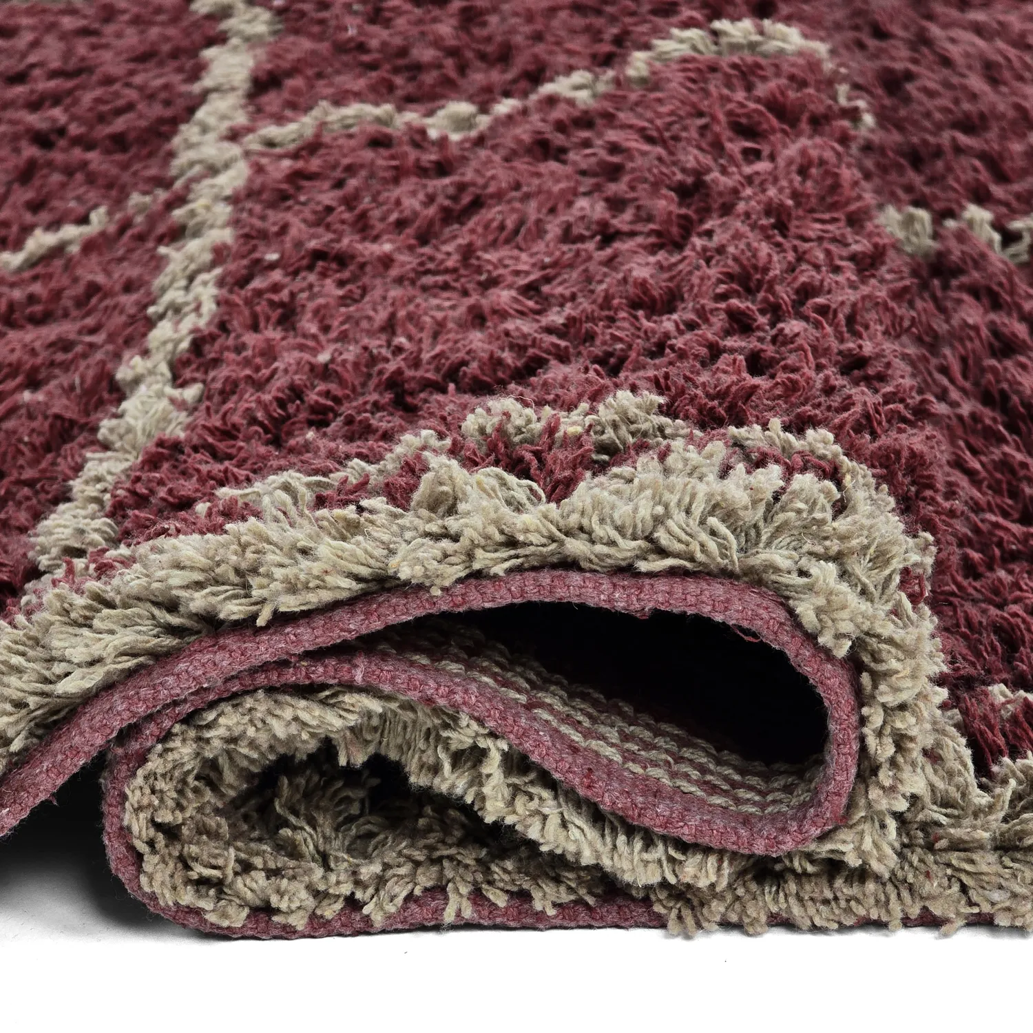 Hoogpolig vloerkleed - Lana Natural Cotton Shaggy (taupe/rood)