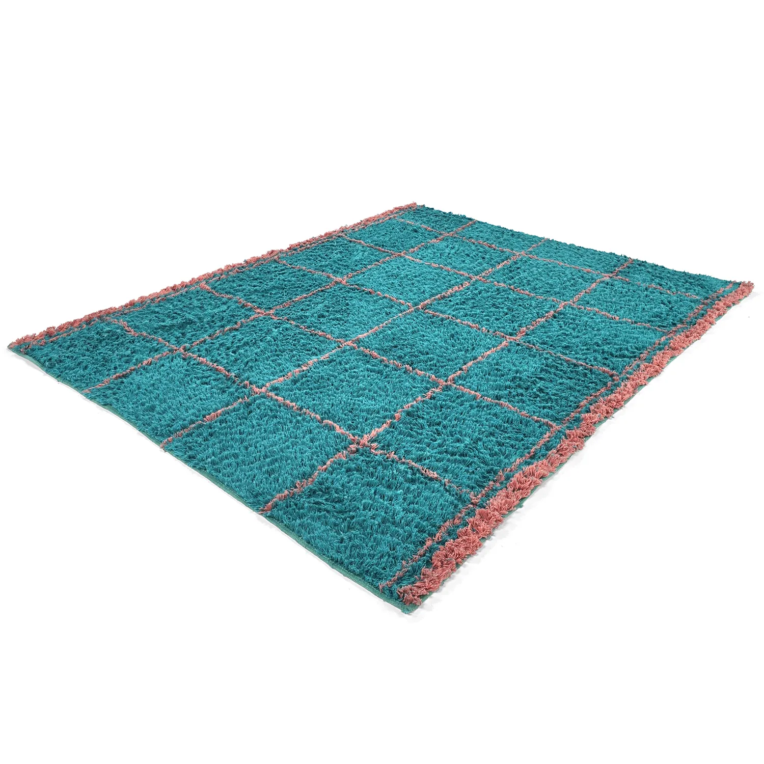 Hoogpolig vloerkleed - Lana Natural Cotton Shaggy (turkoois/roze)