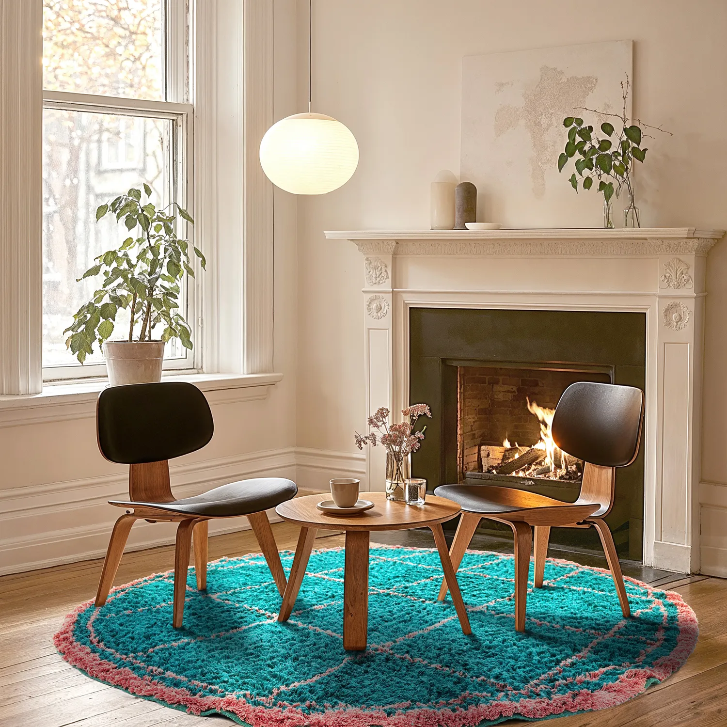 Rond vloerkleed - Lana Natural Cotton Shaggy (turkoois/roze)