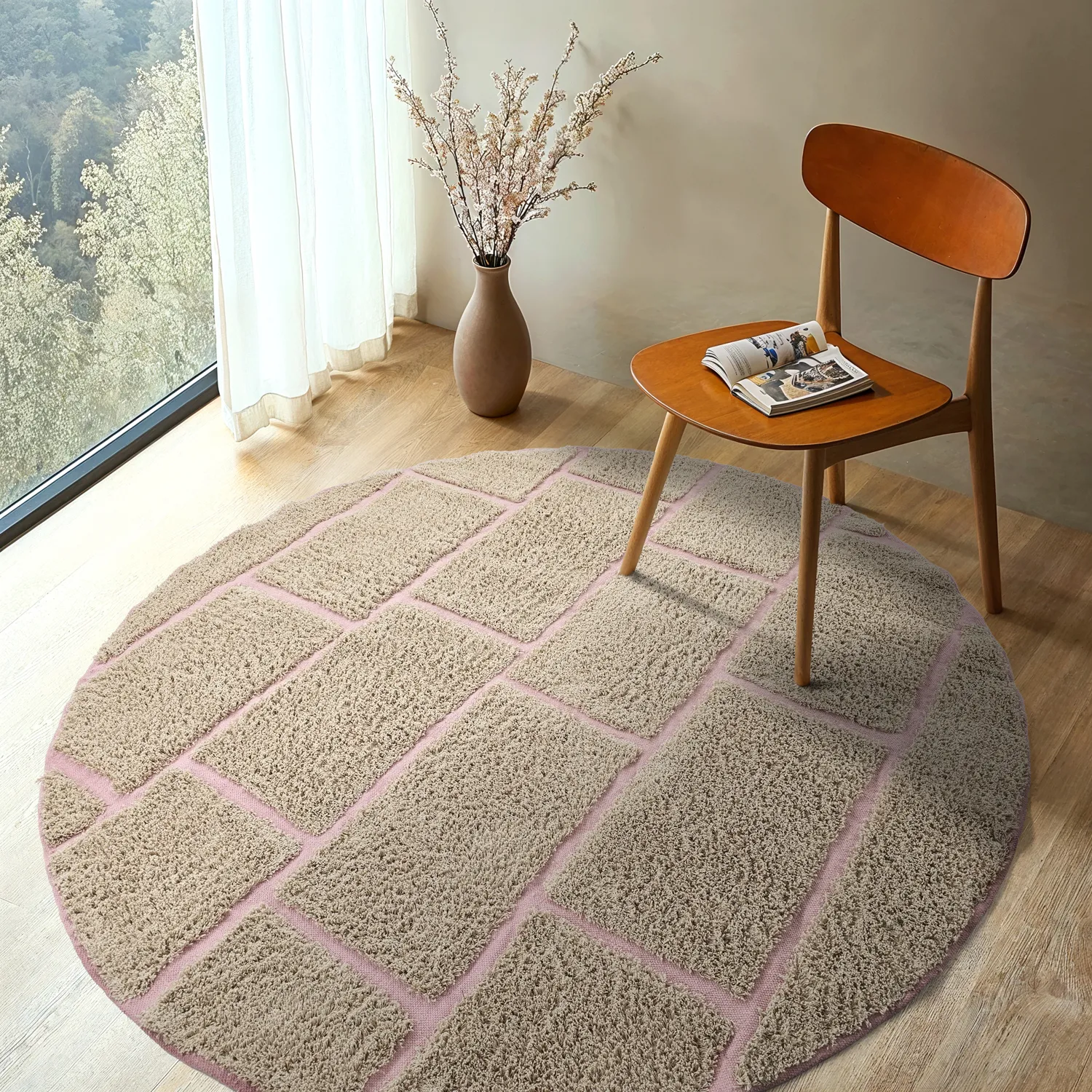 Ronde vloerkleden - Lindley Natural Cotton Shaggy (beige/roze)