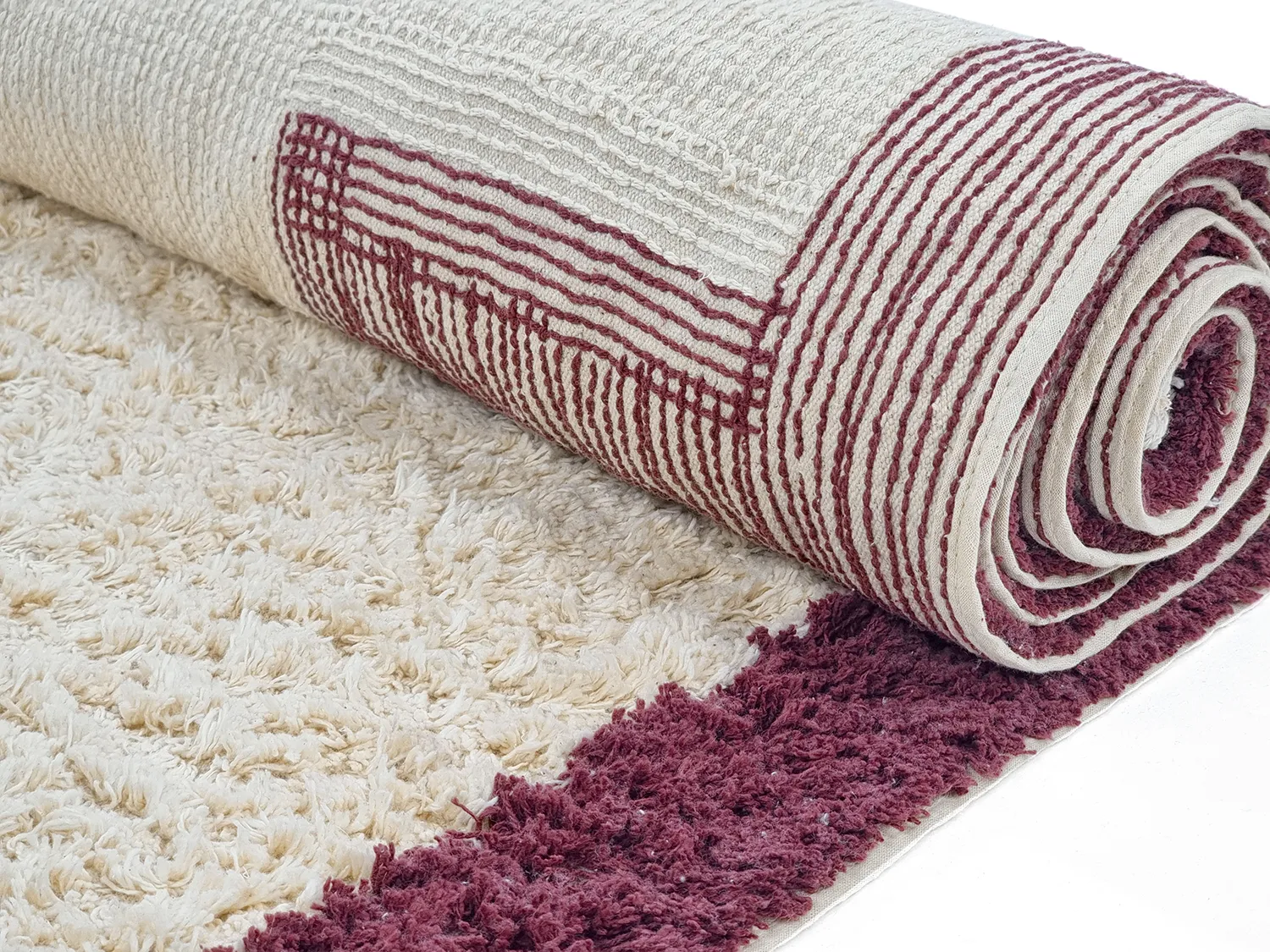 Ronde vloerkleden - Ricco Natural Cotton Shaggy (offwhite/bordeaux)