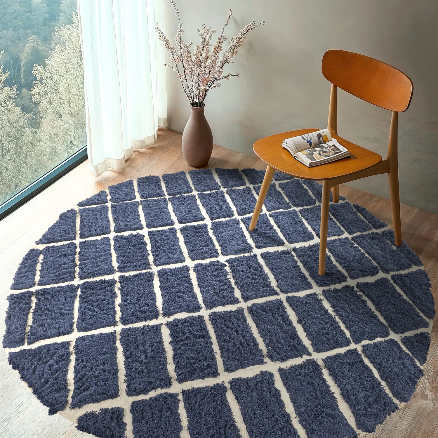Rond vloerkleed - Zola Natural Cotton Shaggy (blauw)