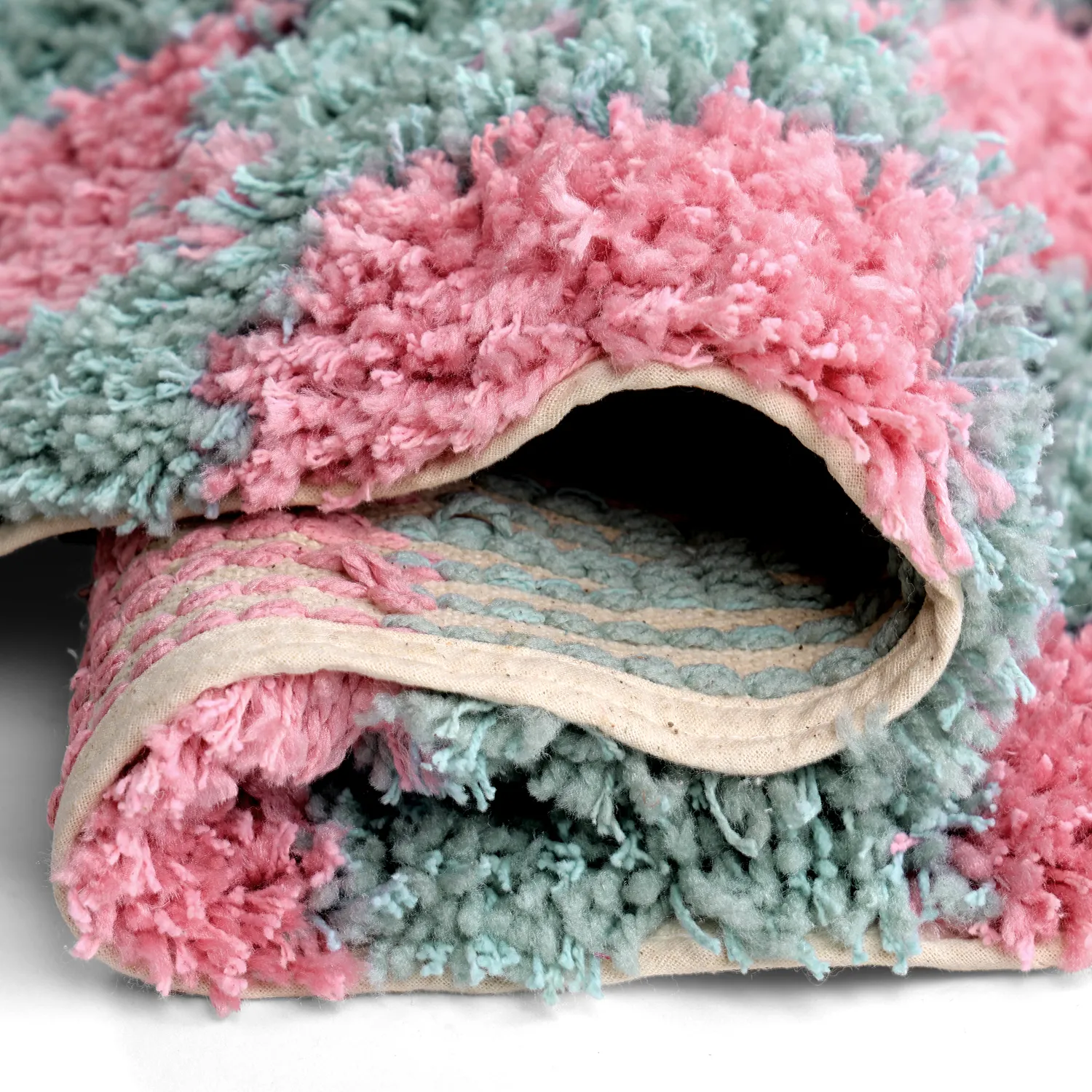 Rond vloerkleed - Methoni Check Cotton Shaggy (lichtblauw/lichtroze)
