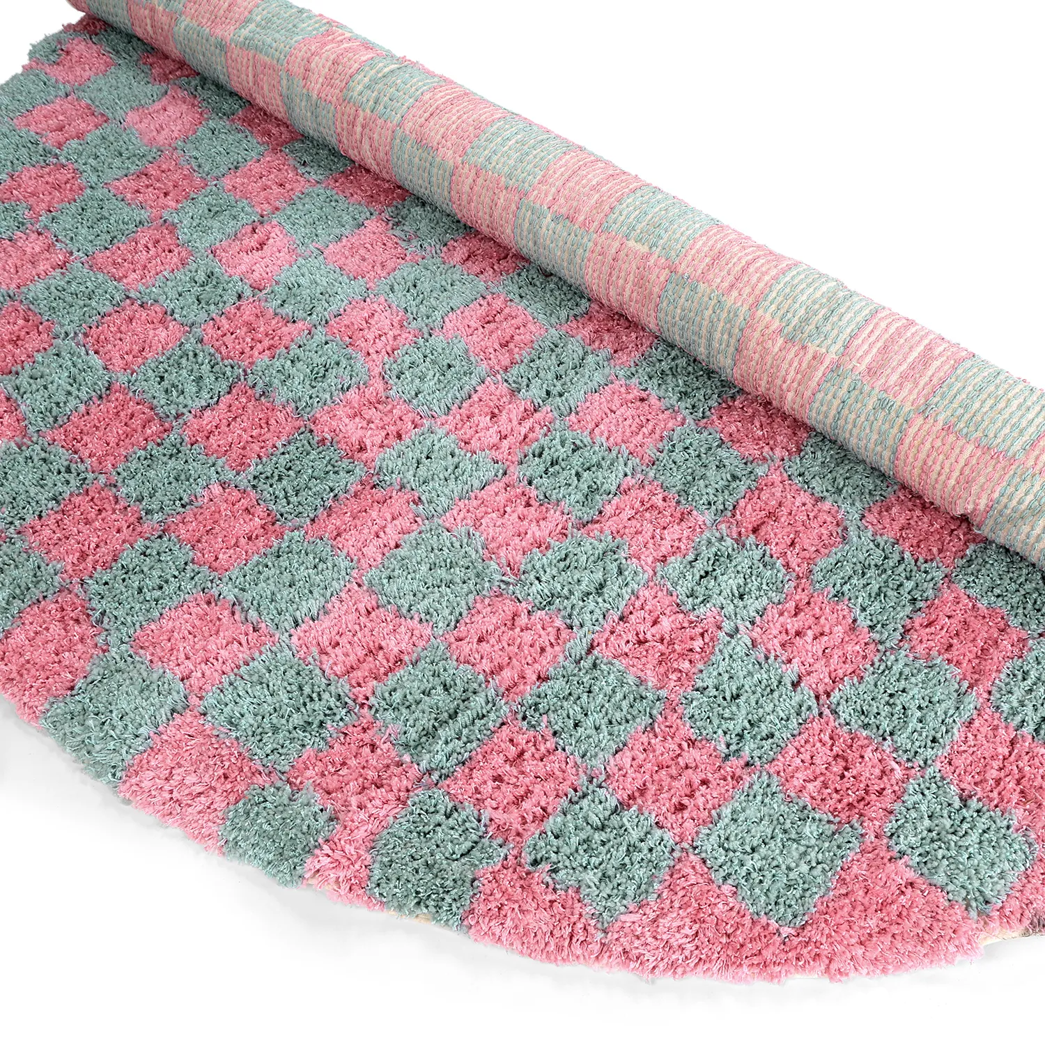 Rond vloerkleed - Methoni Check Cotton Shaggy (lichtblauw/lichtroze)