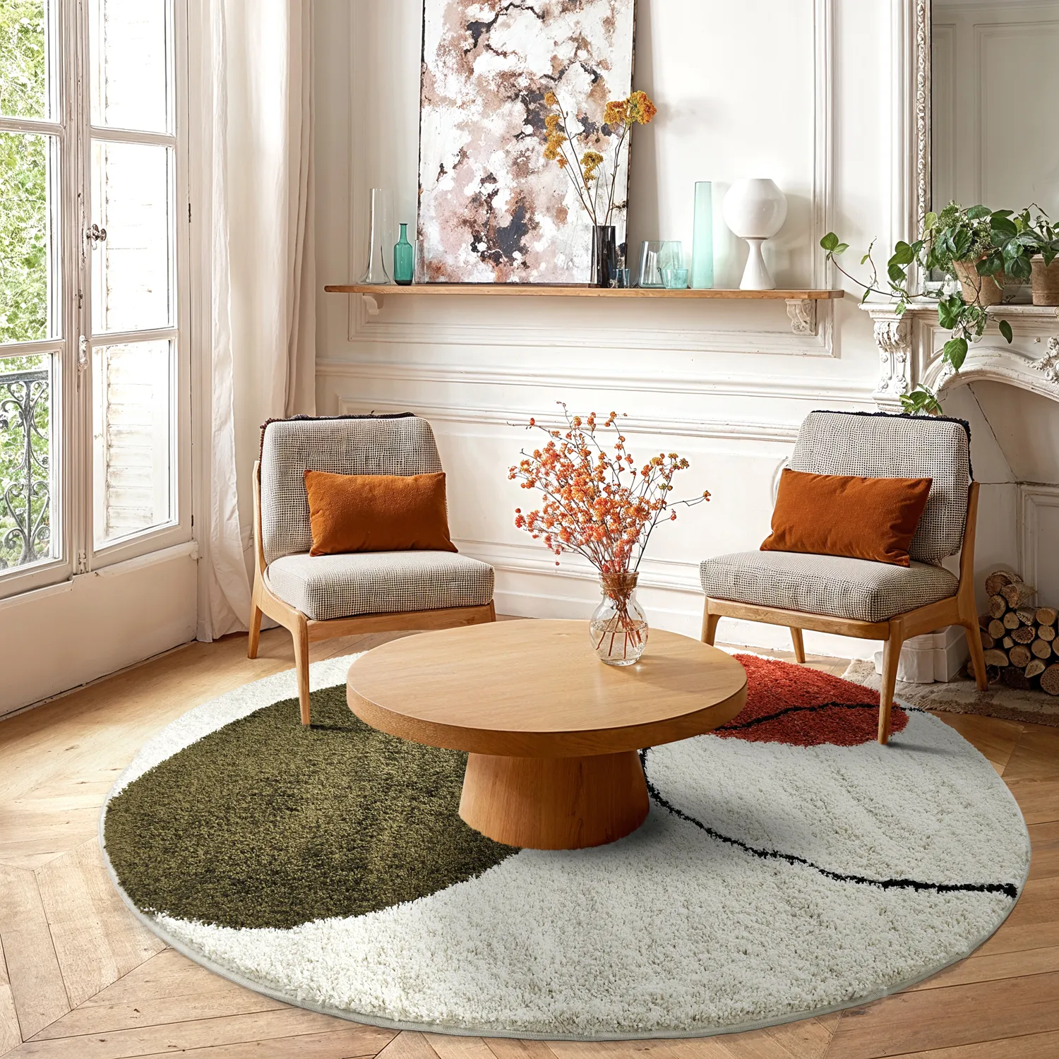 Ronde vloerkleden - Sanghar (wit/oranje/groen)