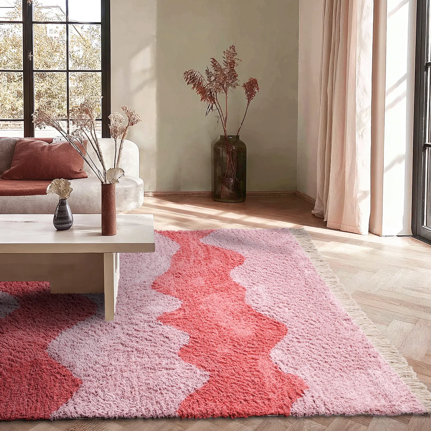 Hoogpolig vloerkleed - Amira Natural Cotton Shaggy (roze)