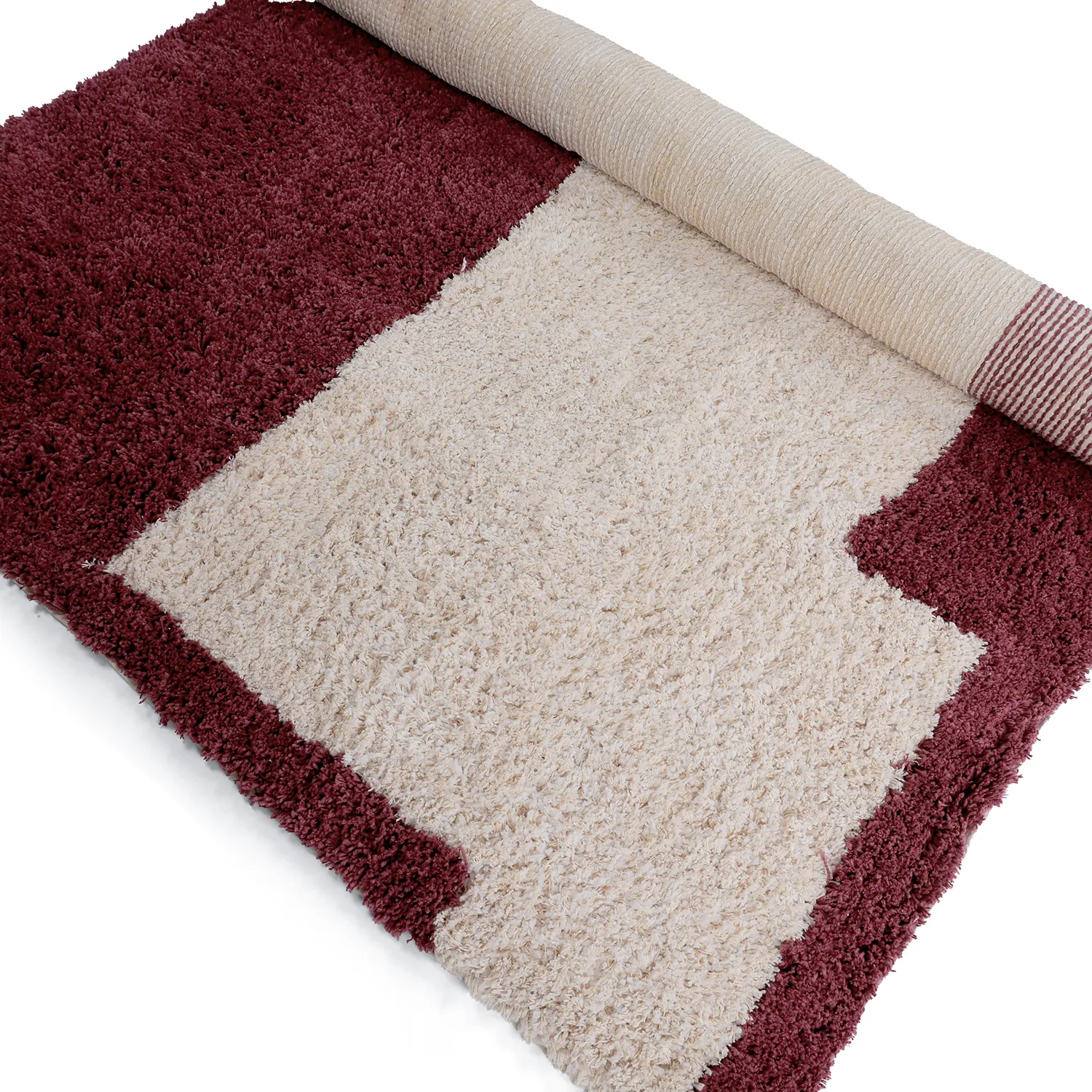 Hoogpolig vloerkleed - Begur Natural Cotton Shaggy (off-white/bordeaux)