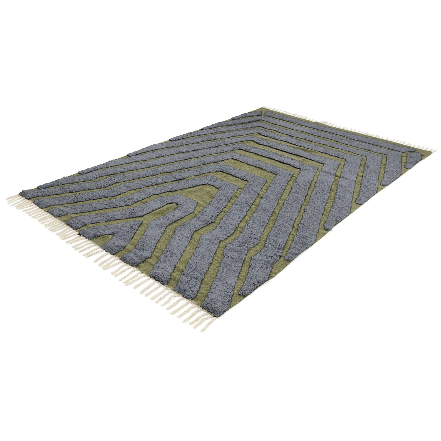 Hoogpolig vloerkleed - Callista Natural Cotton Shaggy (zwart/groen)