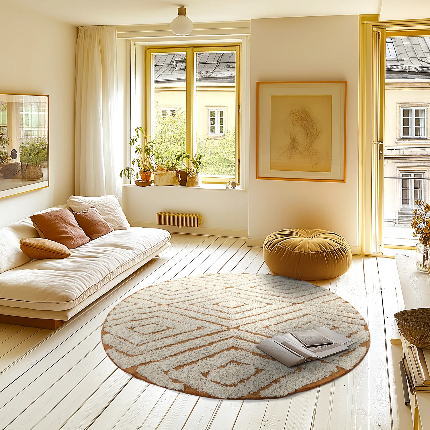 Ronde vloerkleden - Holwell Natural Cotton Shaggy (gebroken wit/bruin)