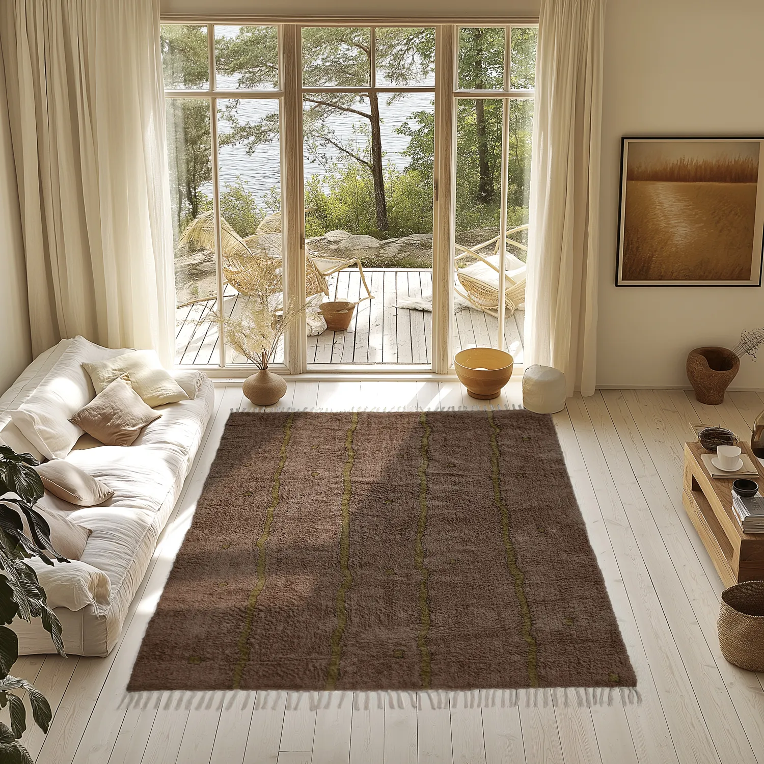 Hoogpolig vloerkleed - Leora Natural Cotton Shaggy (bruin/olijf)