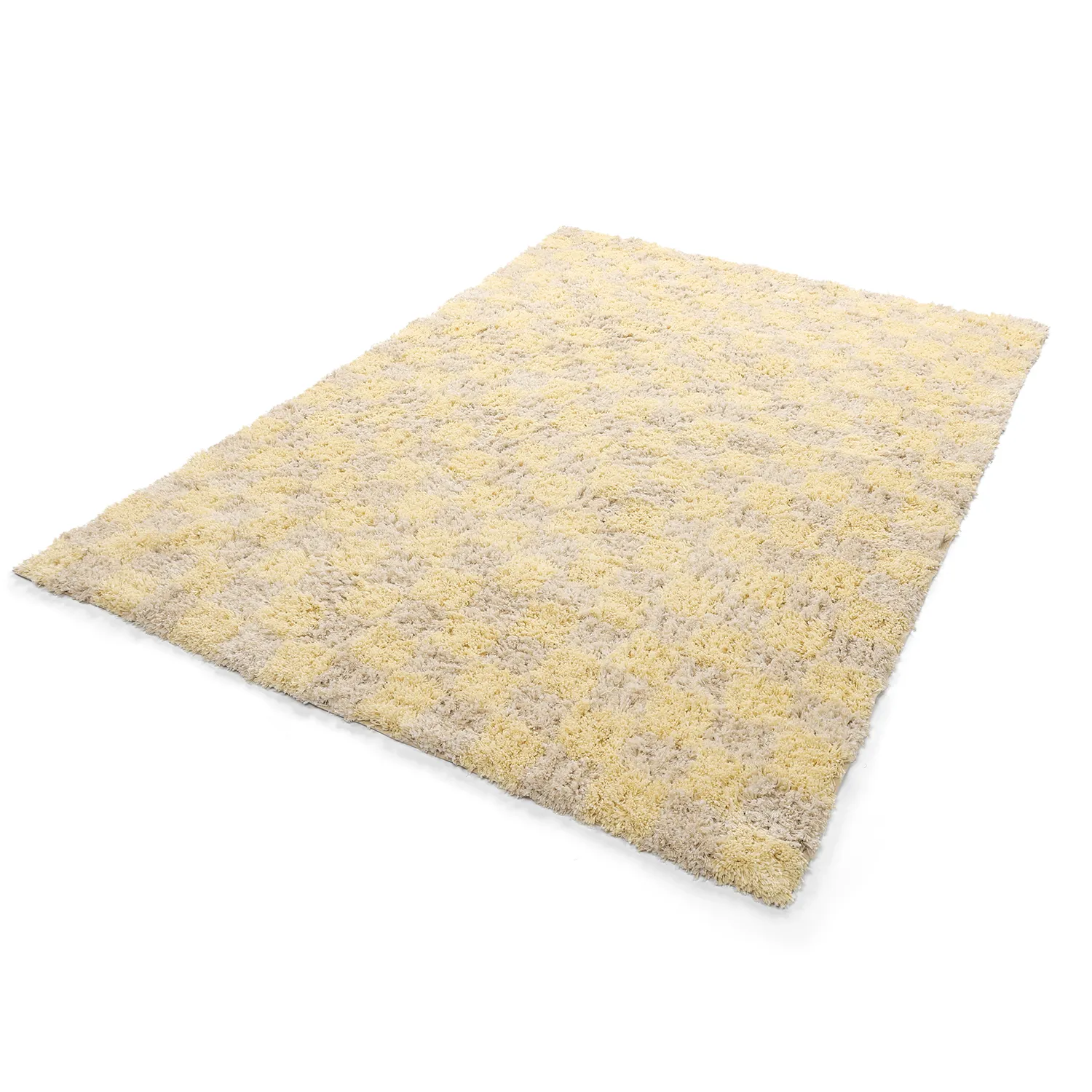 Hoogpolig vloerkleed - Methoni Check Cotton Shaggy (crème/lichtgeel)