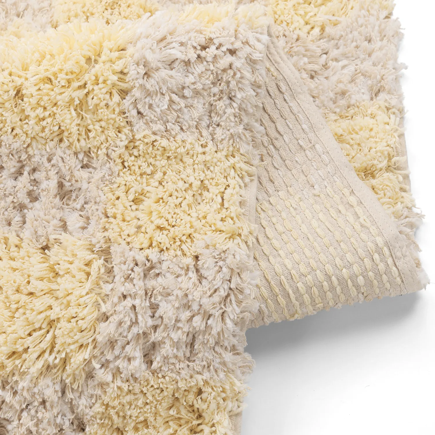 Hoogpolig vloerkleed - Methoni Check Cotton Shaggy (crème/lichtgeel)