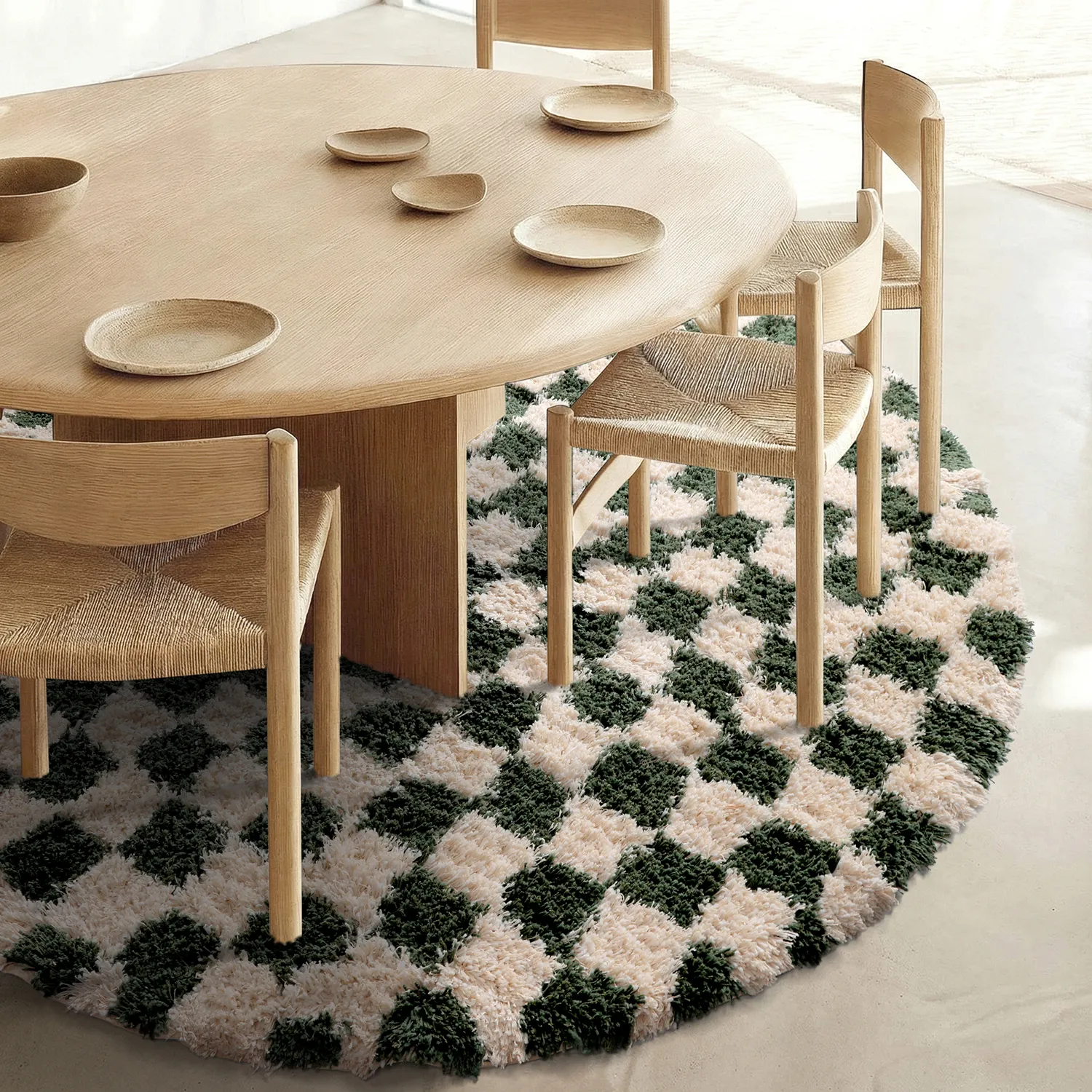 Rond vloerkleed - Methoni Check Cotton Shaggy (crème/groente)