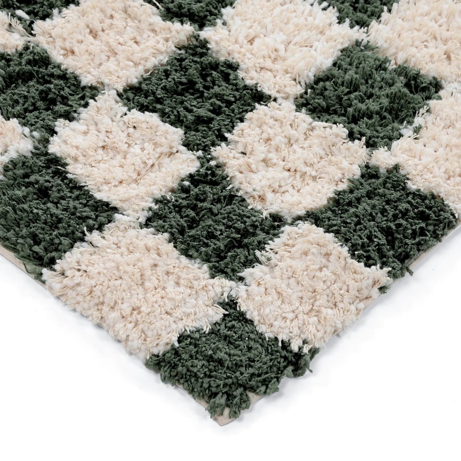 Hoogpolig vloerkleed - Methoni Check Cotton Shaggy (crème/groente)