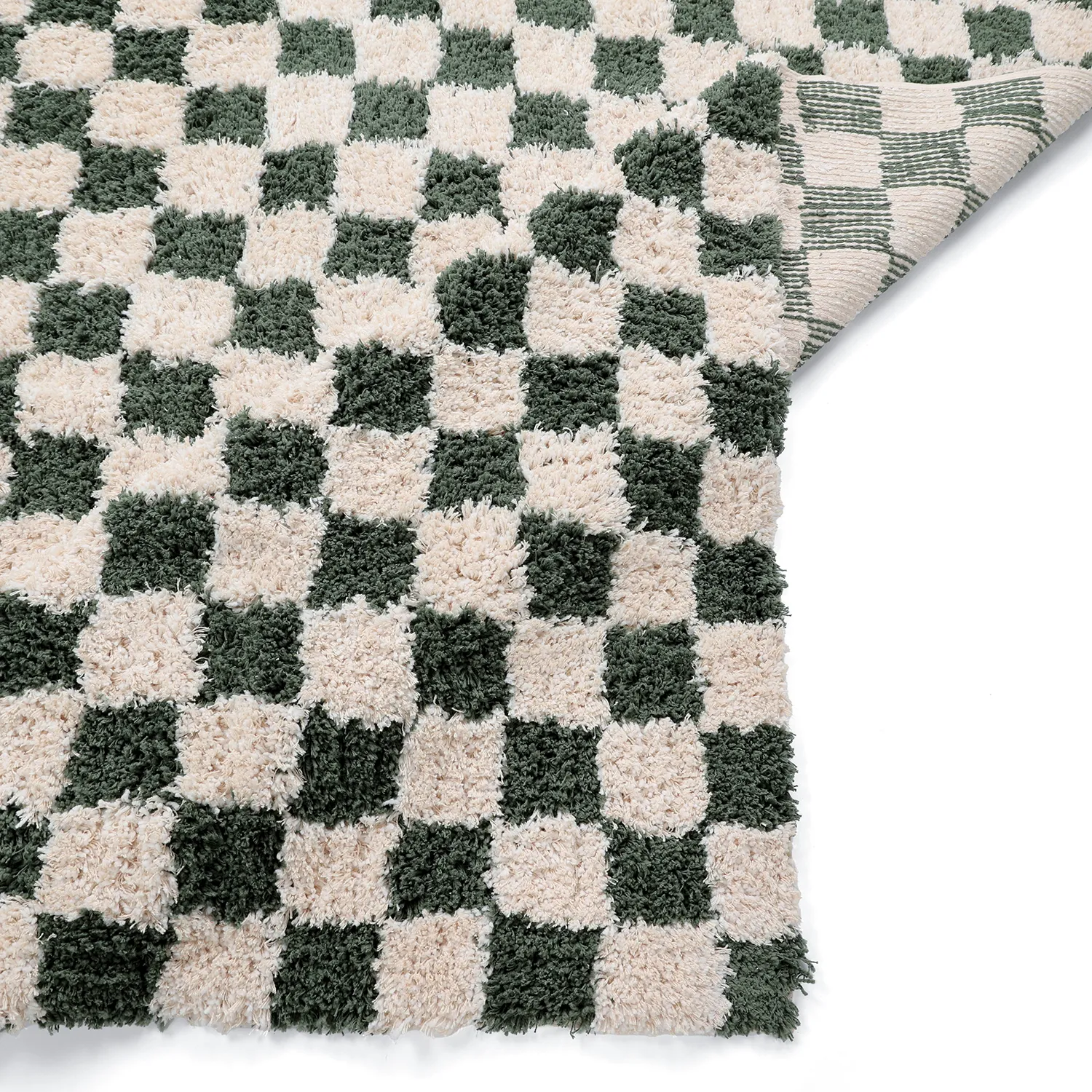 Hoogpolig vloerkleed - Methoni Check Cotton Shaggy (crème/groente)