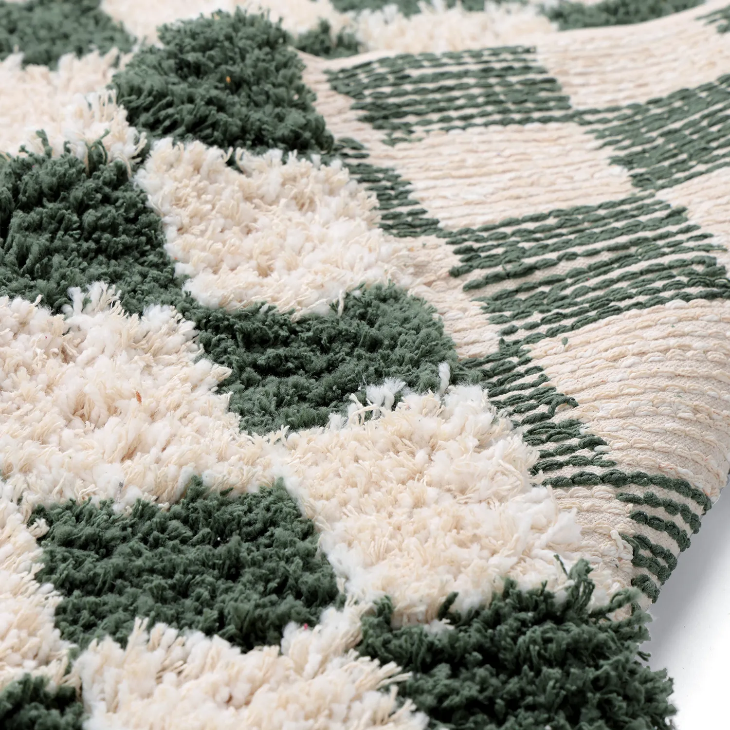 Hoogpolig vloerkleed - Methoni Check Cotton Shaggy (crème/groente)