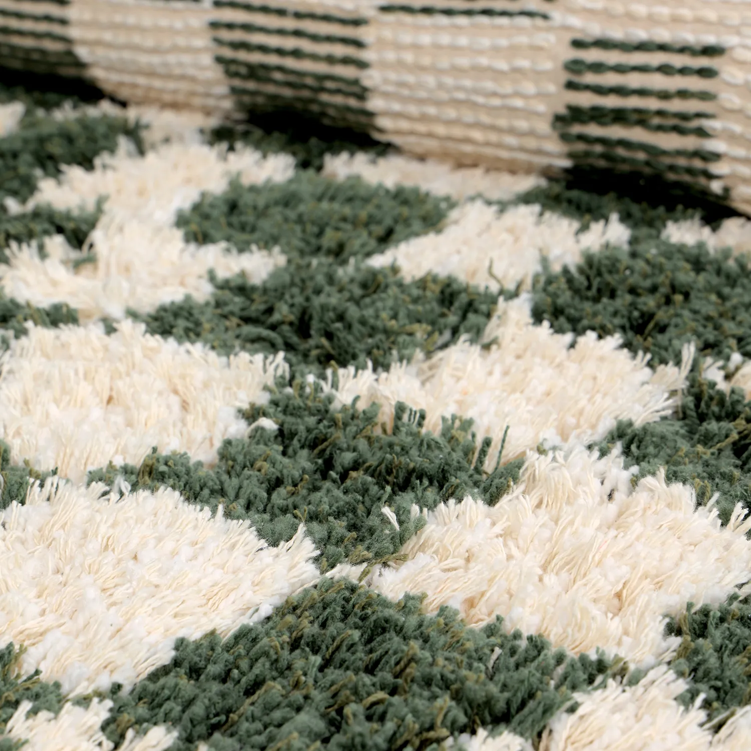 Rond vloerkleed - Methoni Check Cotton Shaggy (crème/groente)