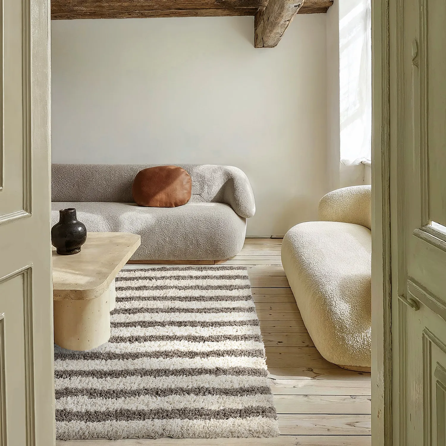 Hoogpolig vloerkleed - Thira Stripe Cotton Shaggy (crème/taupe)