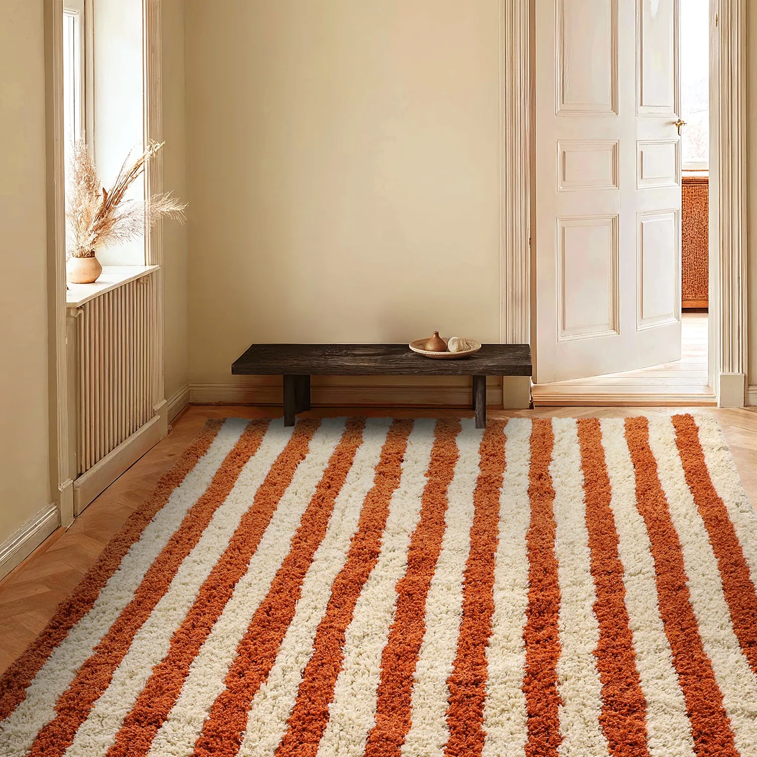 Hoogpolig vloerkleed - Thira Stripe Cotton Shaggy (lichtgeel/lichtoranje)