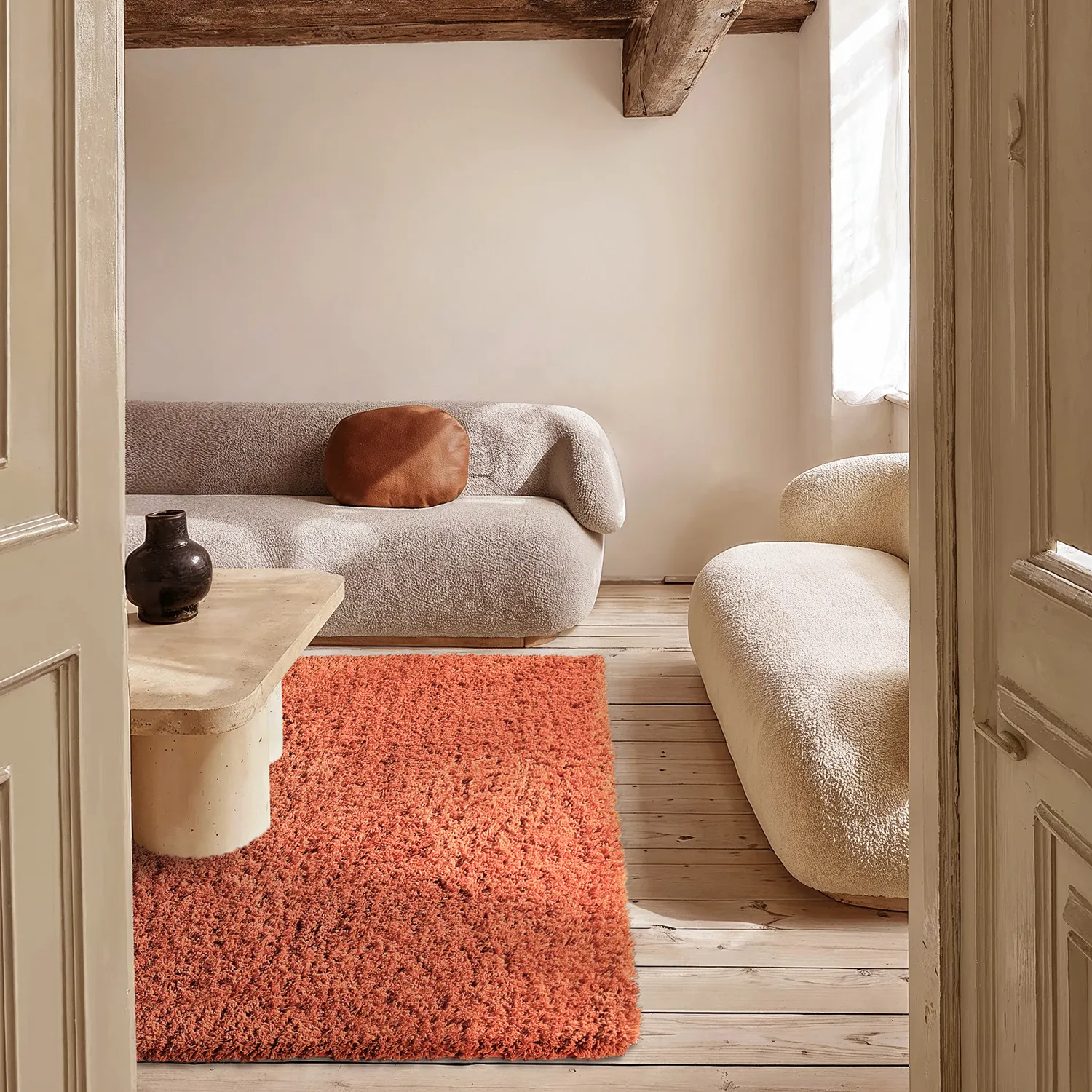 Hoogpolig vloerkleed - Combarro Solid Cotton Shaggy (lichtoranje)