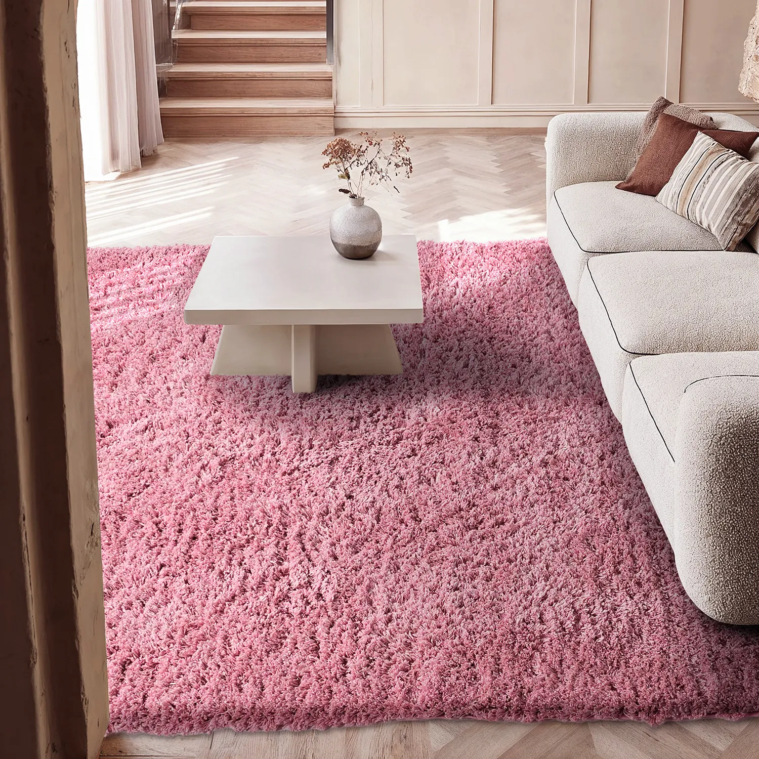 Hoogpolig vloerkleed - Combarro Solid Cotton Shaggy (lichtroze)