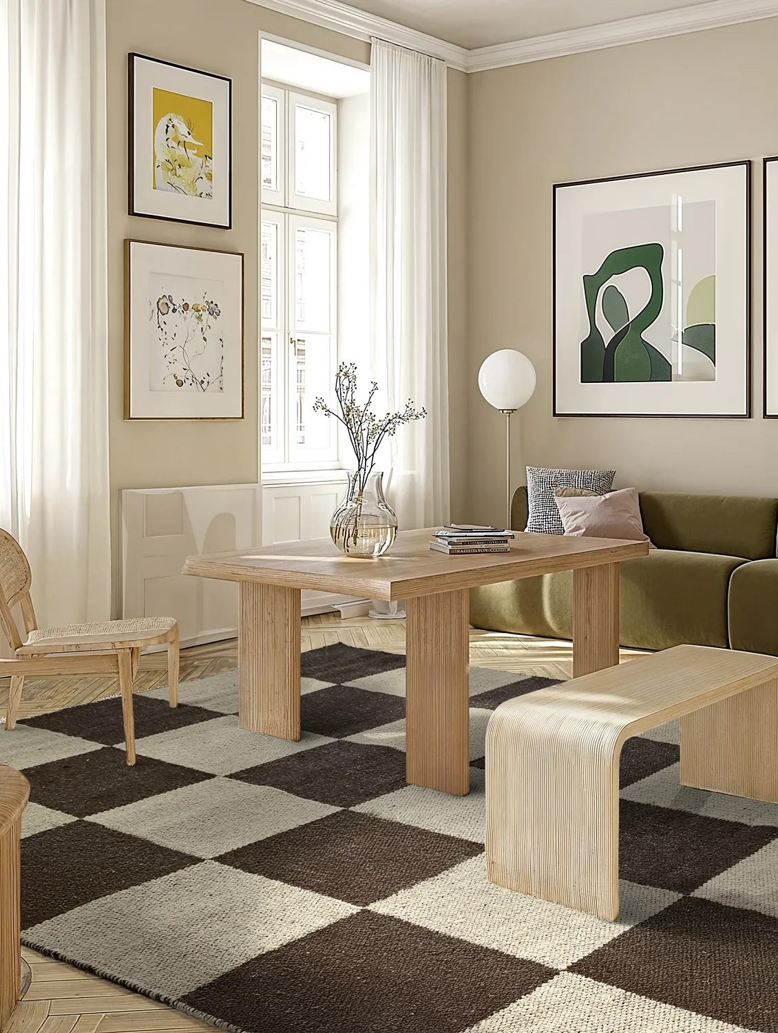 Wollen-vloerkleed - Scacco (zwart/beige)